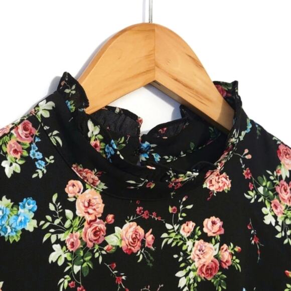 ModCloth Floral Ruffle Mock Neck Front Tie Waist Black Midi Dress Size S - Picture 5 of 16